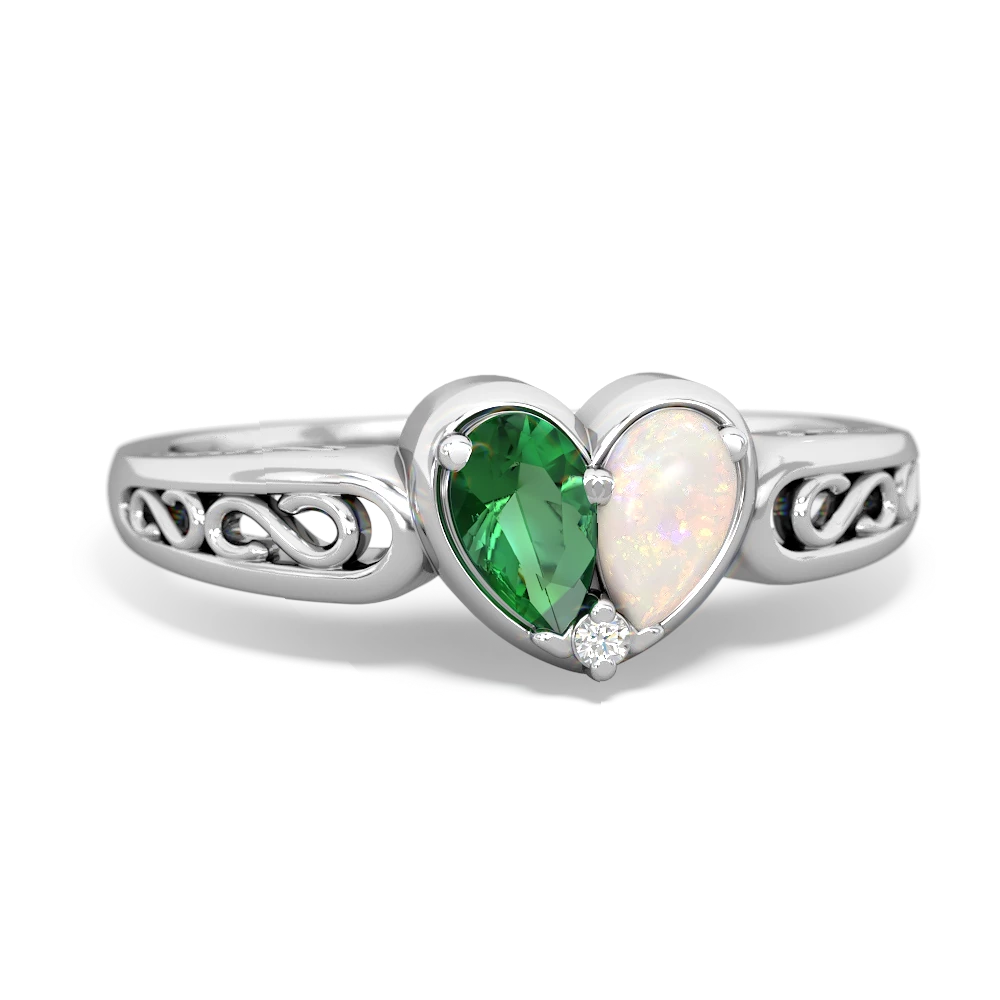 Lab Emerald Filligree 'One Heart' 14K White Gold ring R5070