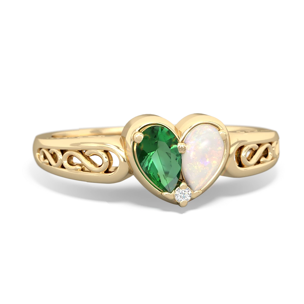 Lab Emerald Filligree 'One Heart' 14K Yellow Gold ring R5070