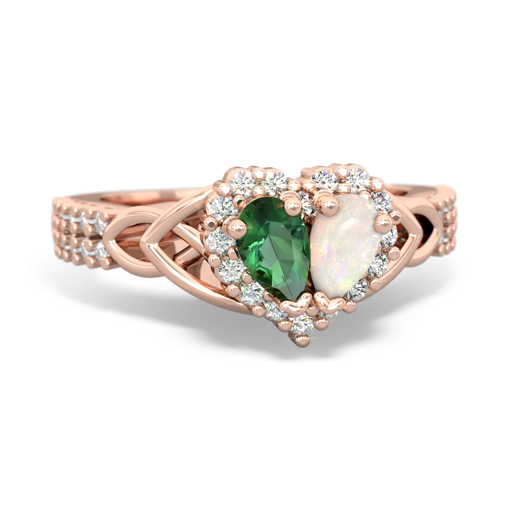 Lab Emerald Celtic Knot Two Hearts As One 14K Rose Gold ring R2644HRT