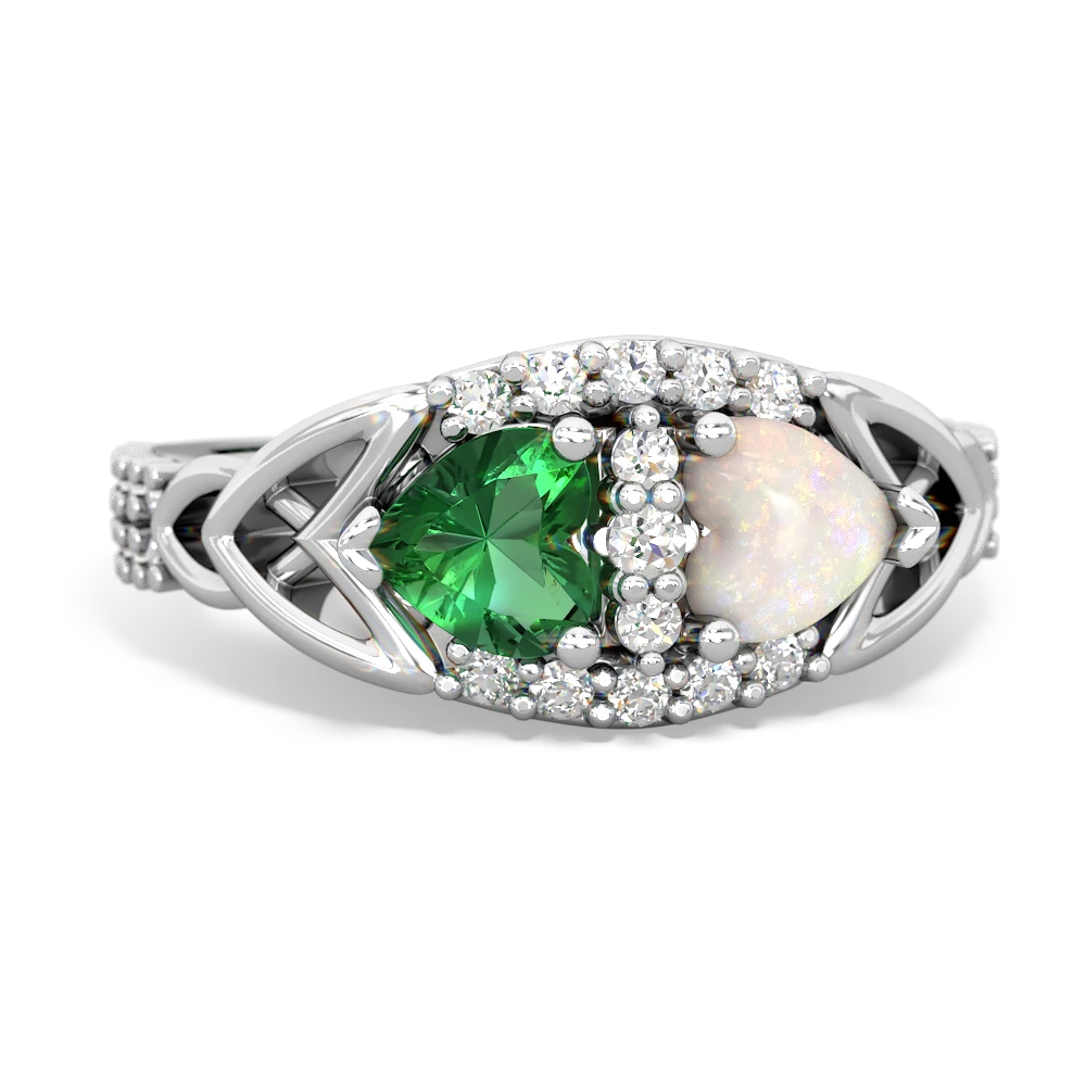 Lab Emerald Sparkling Celtic Knot 14K White Gold ring R2645