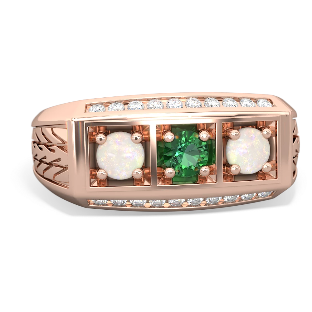 Lab Emerald Three Stone Tire Tread Men's 14K Rose Gold ring R0520