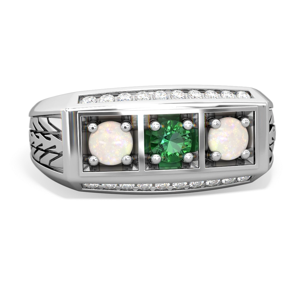 Lab Emerald Three Stone Tire Tread Men's 14K White Gold ring R0520