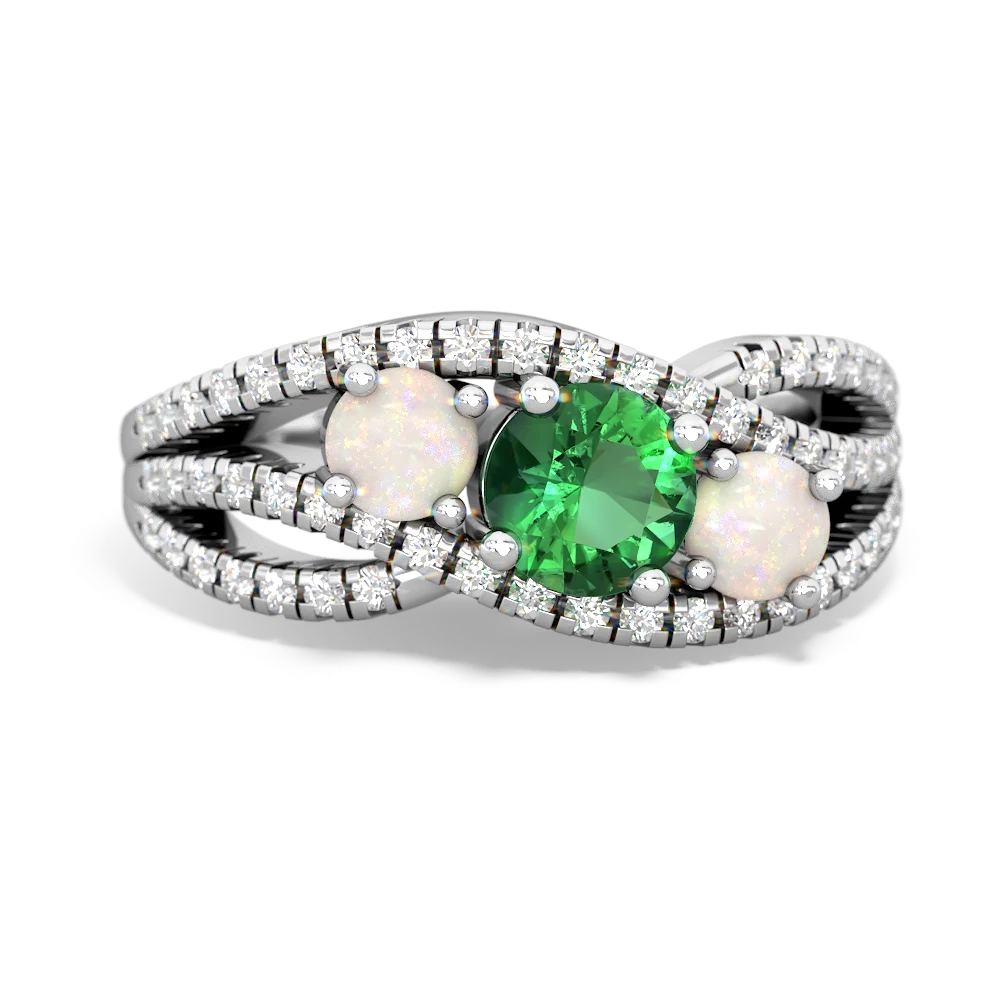 Lab Emerald Three Stone Aurora 14K White Gold ring R3080