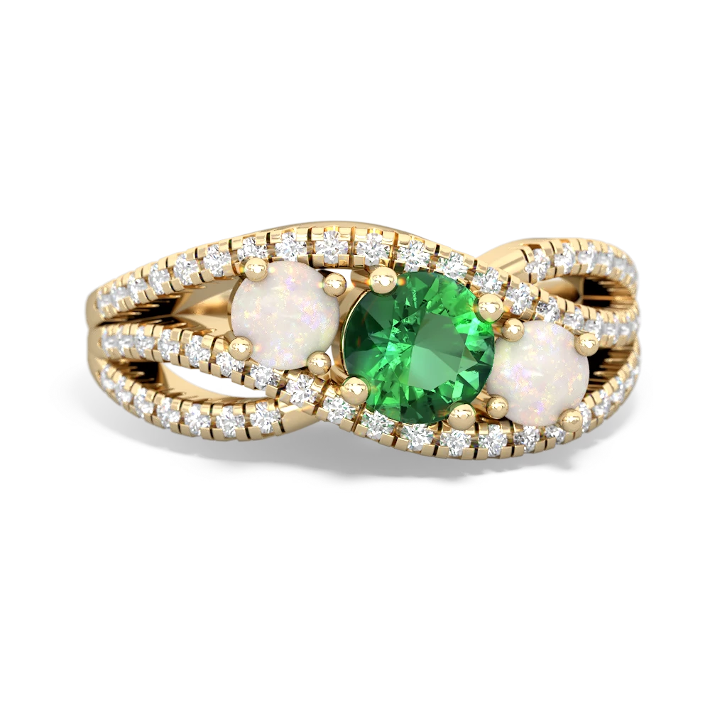 Lab Emerald Three Stone Aurora 14K Yellow Gold ring R3080