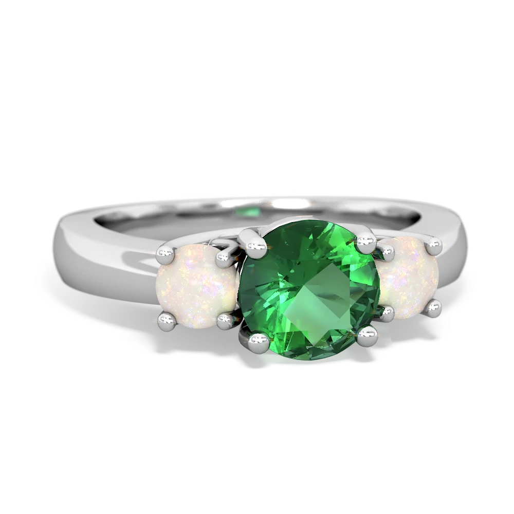 Lab Emerald Three Stone Round Trellis 14K White Gold ring R4018