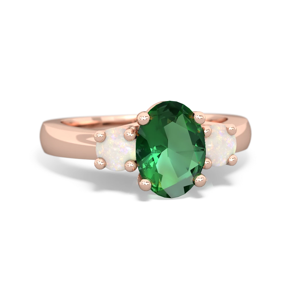 Lab Emerald Three Stone Oval Trellis 14K Rose Gold ring R4024