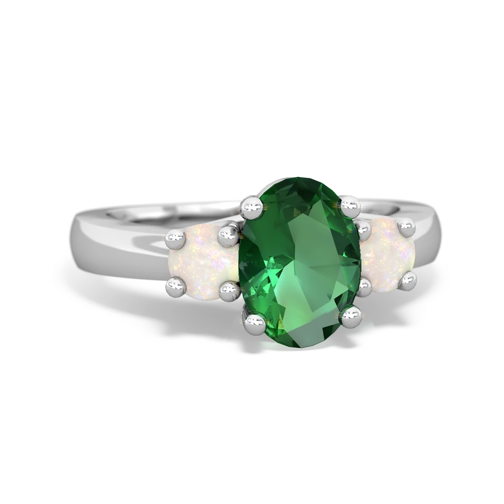 Lab Emerald Three Stone Oval Trellis 14K White Gold ring R4024