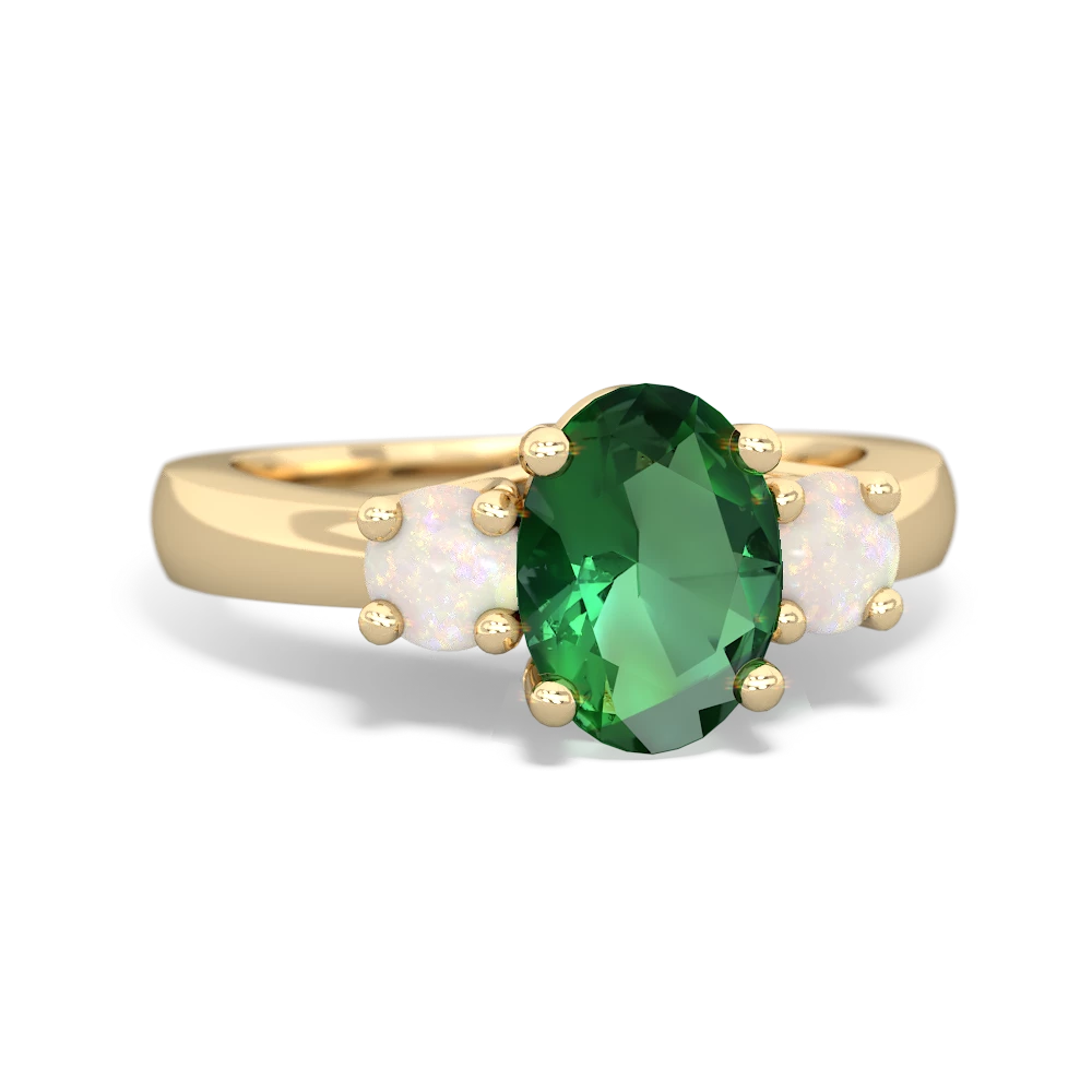 Lab Emerald Three Stone Oval Trellis 14K Yellow Gold ring R4024