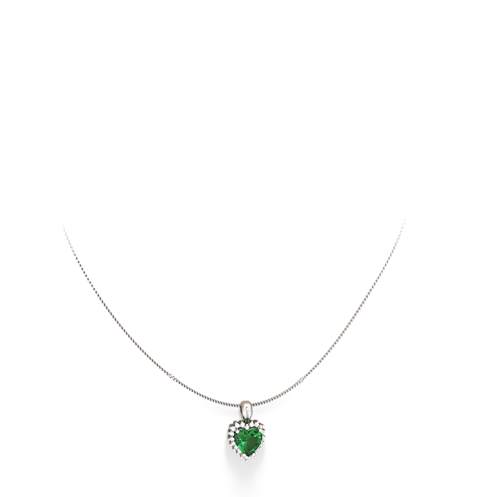 Lab Emerald Sparkling Halo Heart 14K White Gold pendant P0391