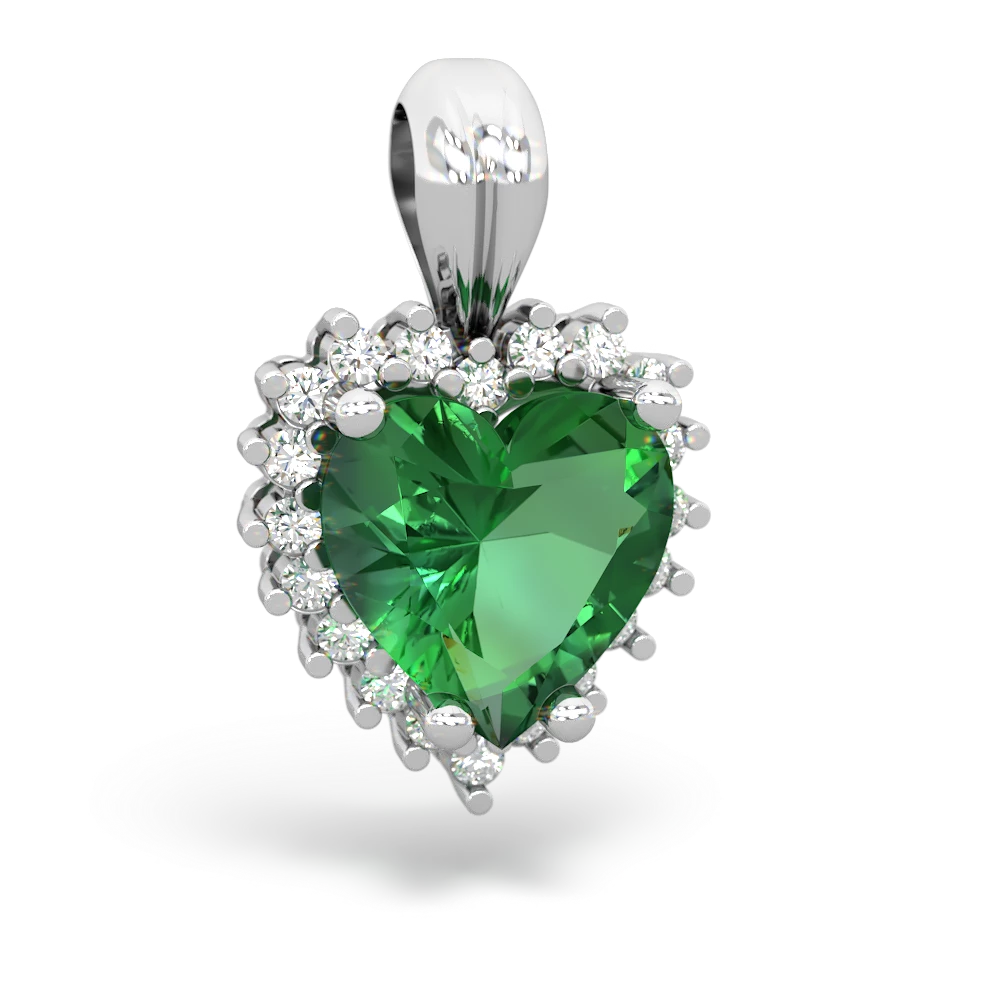 Lab Emerald Sparkling Halo Heart 14K White Gold pendant P0391