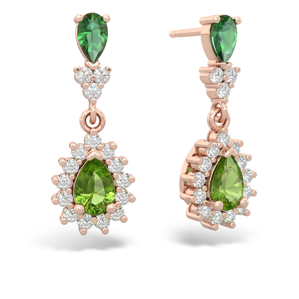 Lab Emerald Halo Pear Dangle 14K Rose Gold earrings E1882