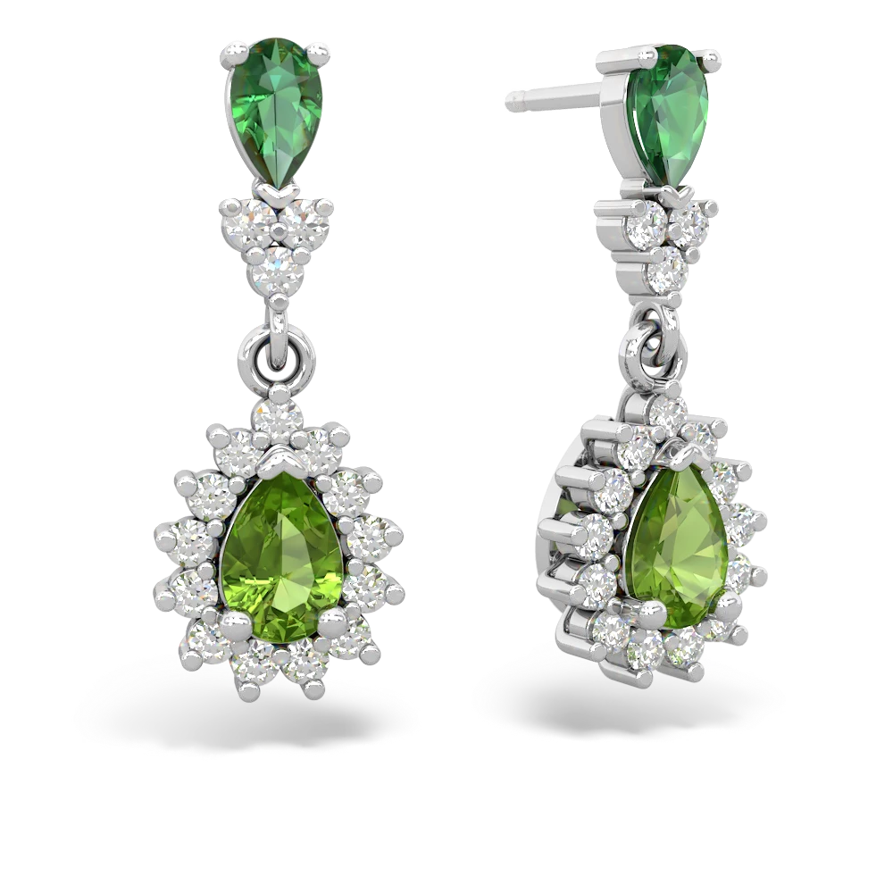 Lab Emerald Halo Pear Dangle 14K White Gold earrings E1882