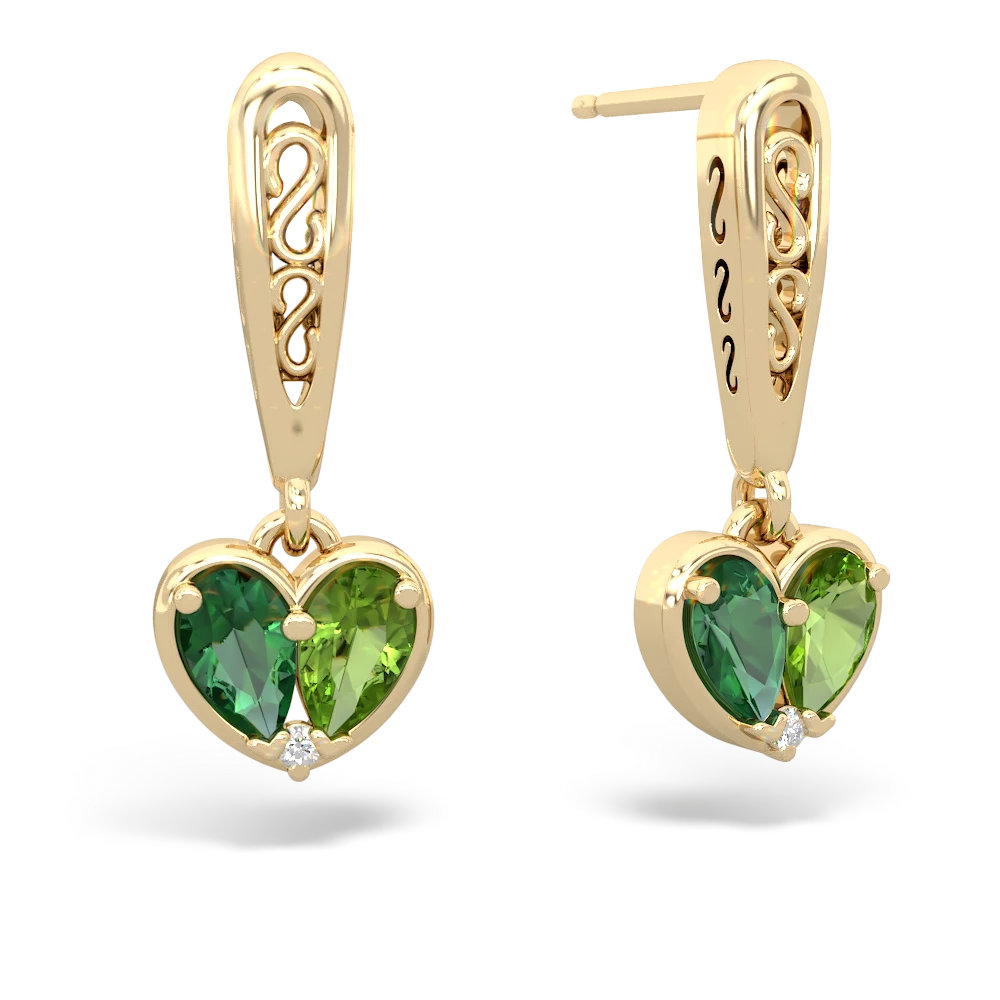 Lab Emerald Filligree Heart 14K Yellow Gold earrings E5070