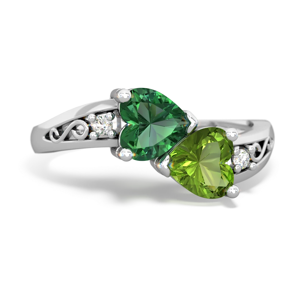 Lab Emerald Snuggling Hearts 14K White Gold ring R2178