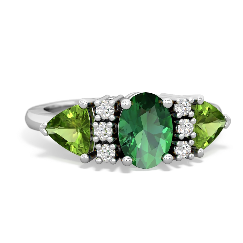 Lab Emerald Antique Style Three Stone 14K White Gold ring R2186