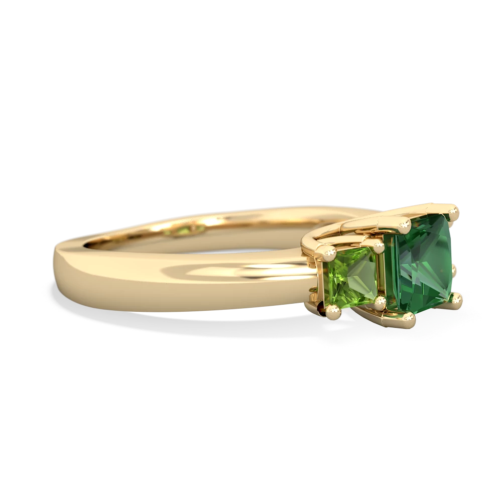 Lab Emerald Three Stone Trellis 14K Yellow Gold ring R4015