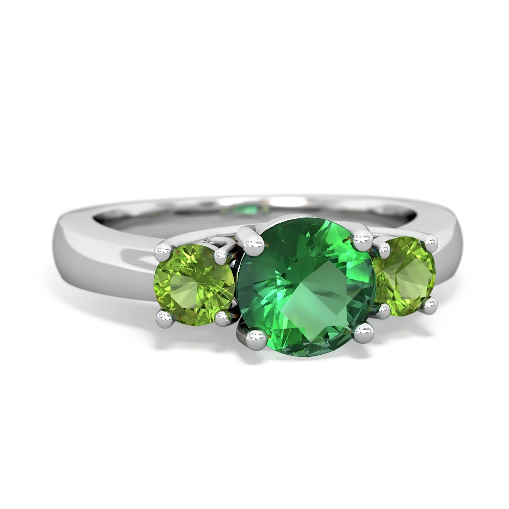 Lab Emerald Three Stone Round Trellis 14K White Gold ring R4018