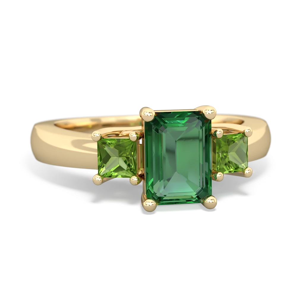 Lab Emerald Three Stone Emerald-Cut Trellis 14K Yellow Gold ring R4021