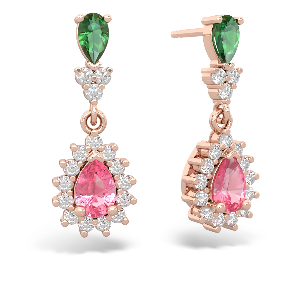 Lab Emerald Halo Pear Dangle 14K Rose Gold earrings E1882