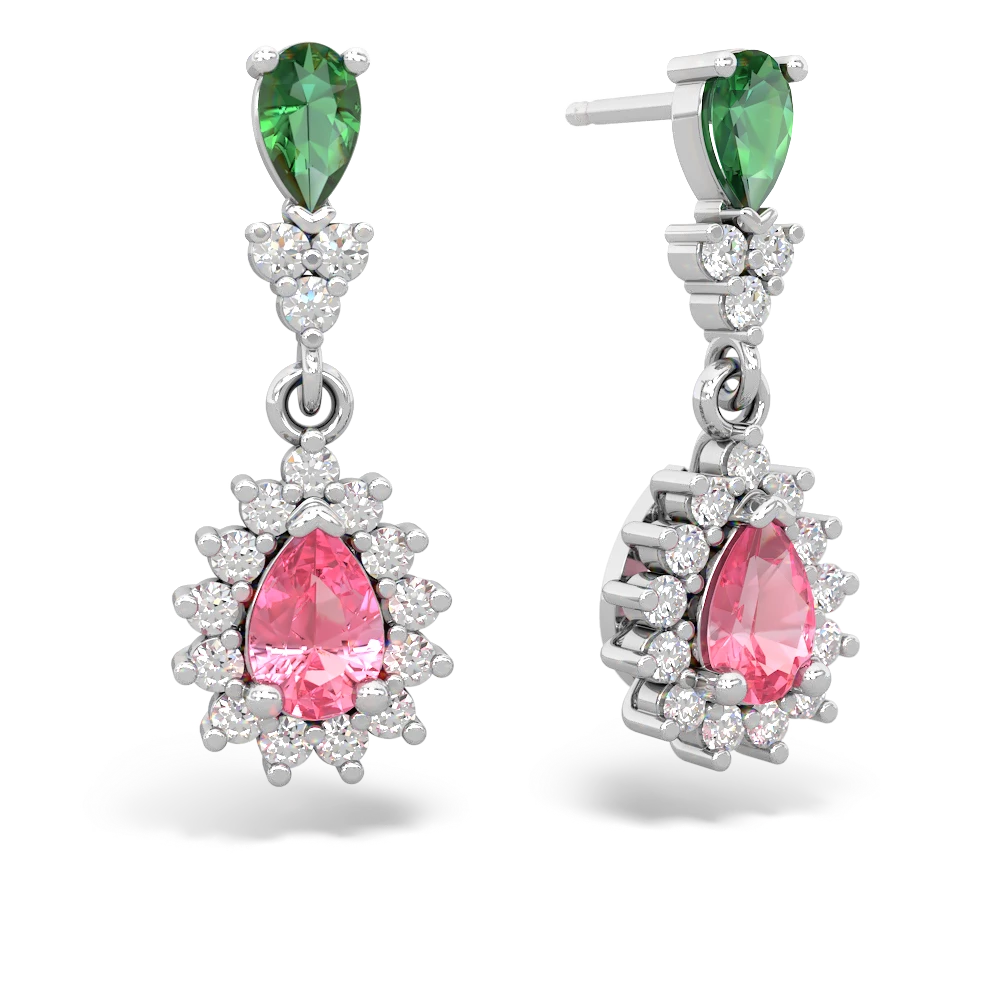 Lab Emerald Halo Pear Dangle 14K White Gold earrings E1882