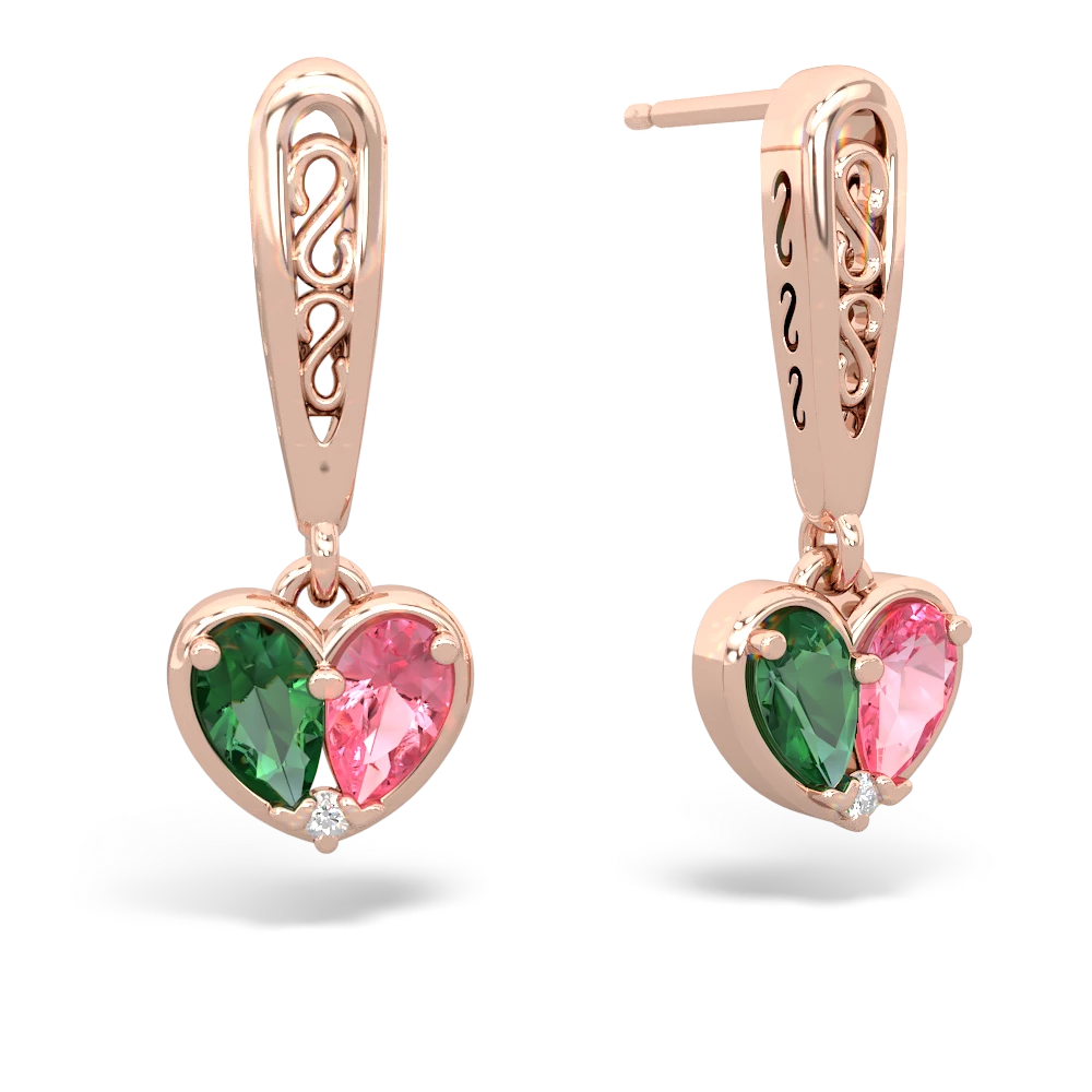 Lab Emerald Filligree Heart 14K Rose Gold earrings E5070