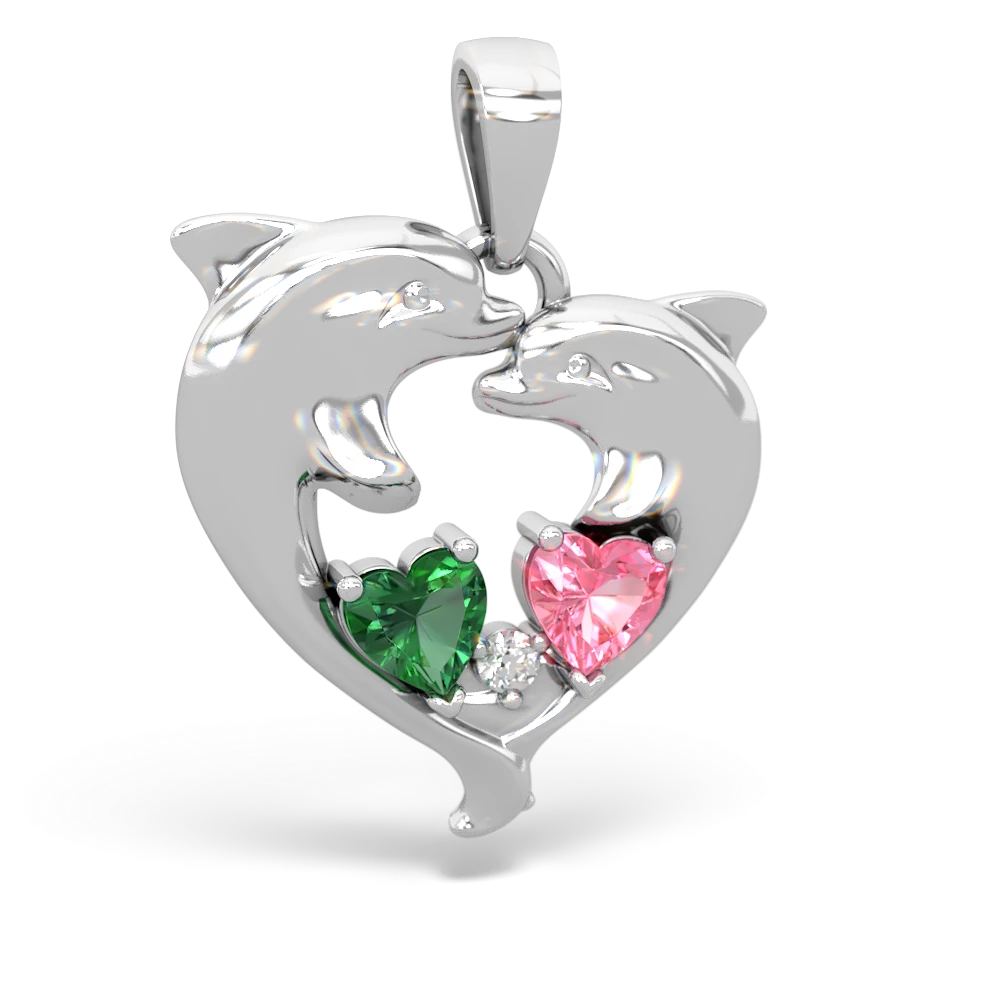 Lab Emerald Dolphin Heart 14K White Gold pendant P5820