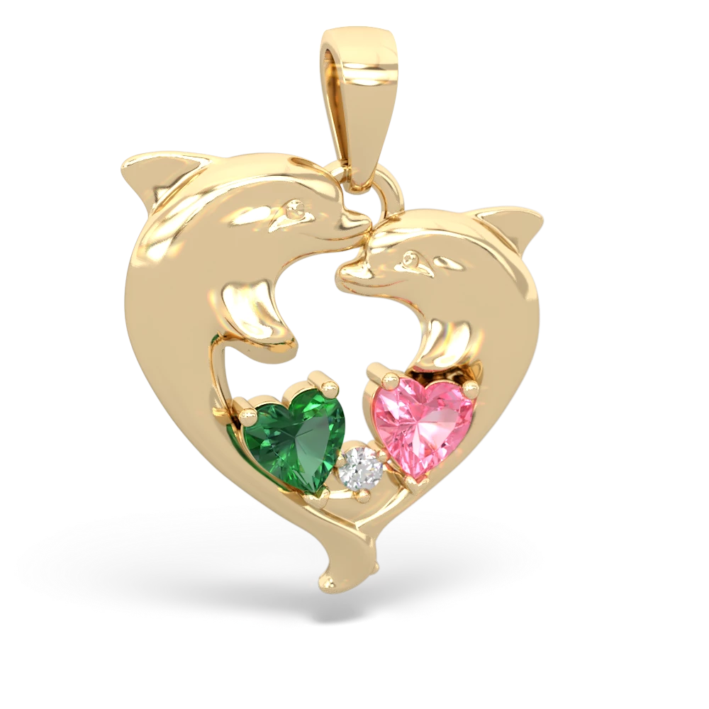 Lab Emerald Dolphin Heart 14K Yellow Gold pendant P5820