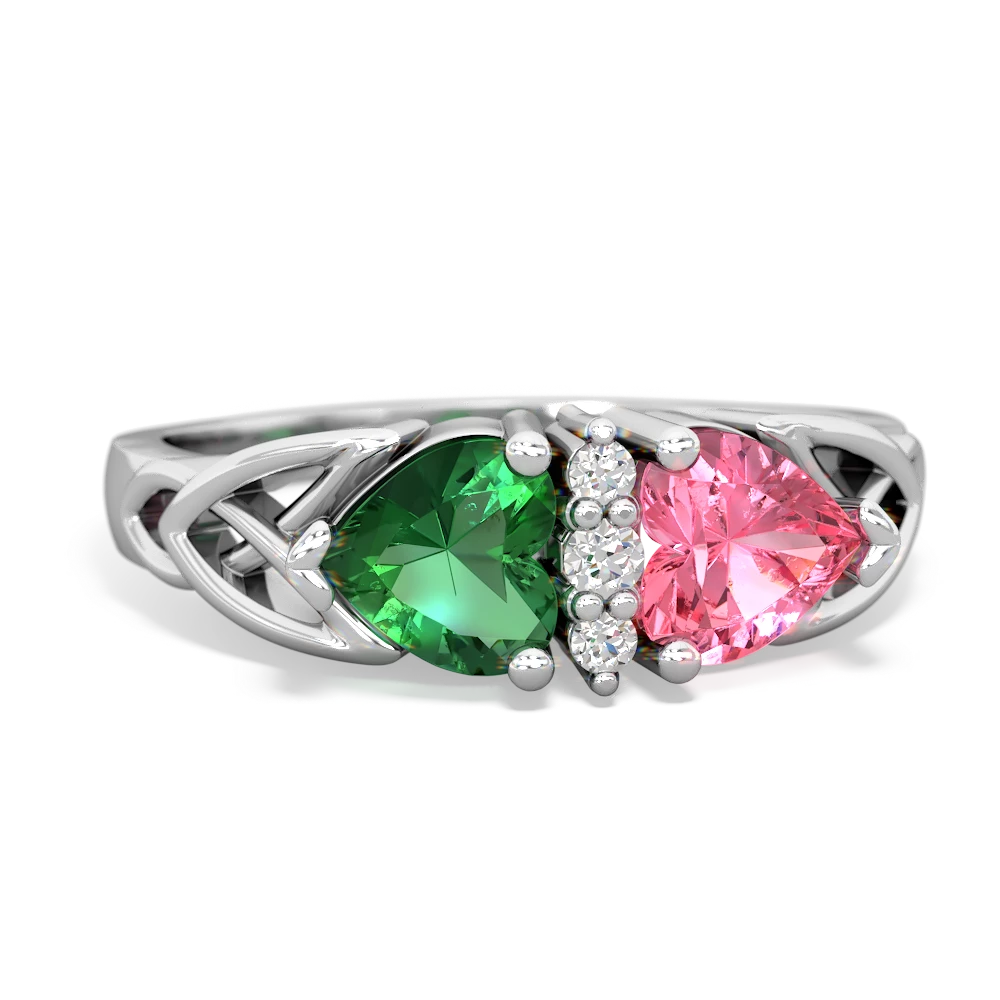 Lab Emerald Celtic Knot Double Heart 14K White Gold ring R5040