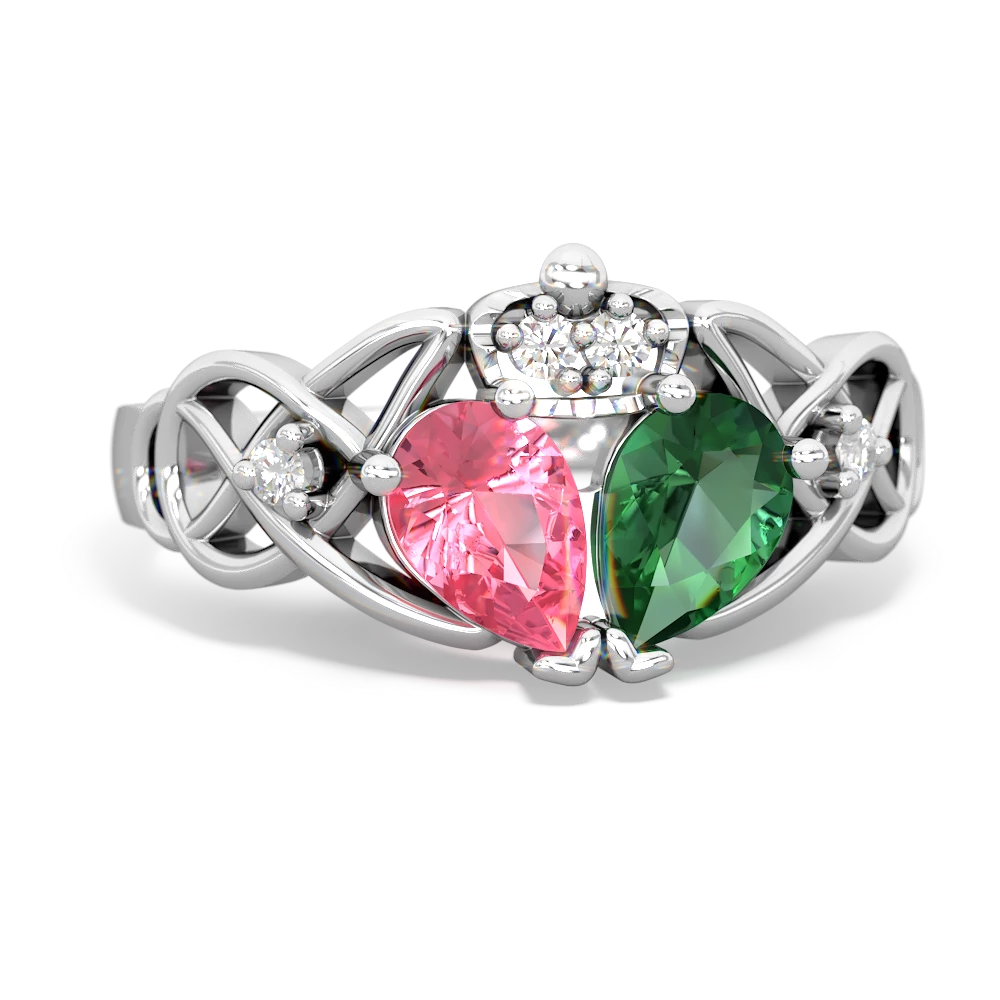 Lab Emerald 'One Heart' Celtic Knot Claddagh 14K White Gold ring R5322