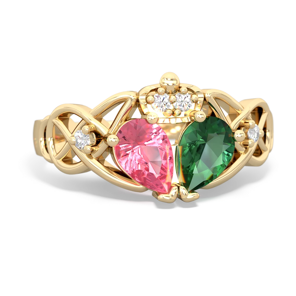 Lab Emerald 'One Heart' Celtic Knot Claddagh 14K Yellow Gold ring R5322