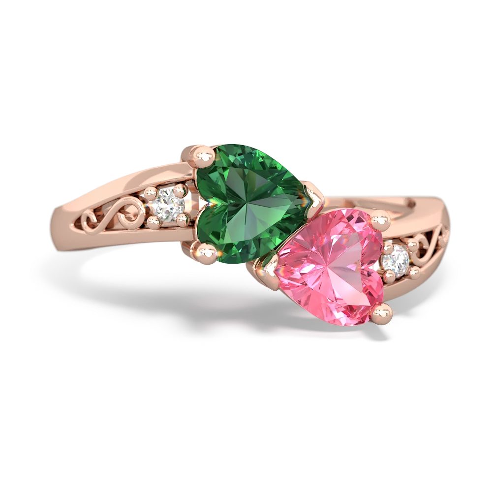 Lab Emerald Snuggling Hearts 14K Rose Gold ring R2178