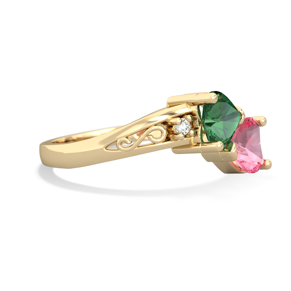 Lab Emerald Snuggling Hearts 14K Yellow Gold ring R2178