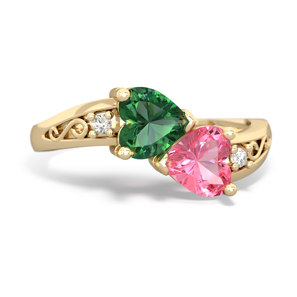 Lab Emerald Snuggling Hearts 14K Yellow Gold ring R2178