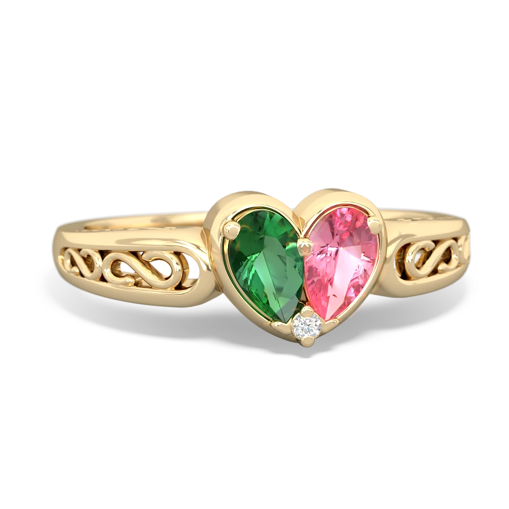 Lab Emerald Filligree 'One Heart' 14K Yellow Gold ring R5070