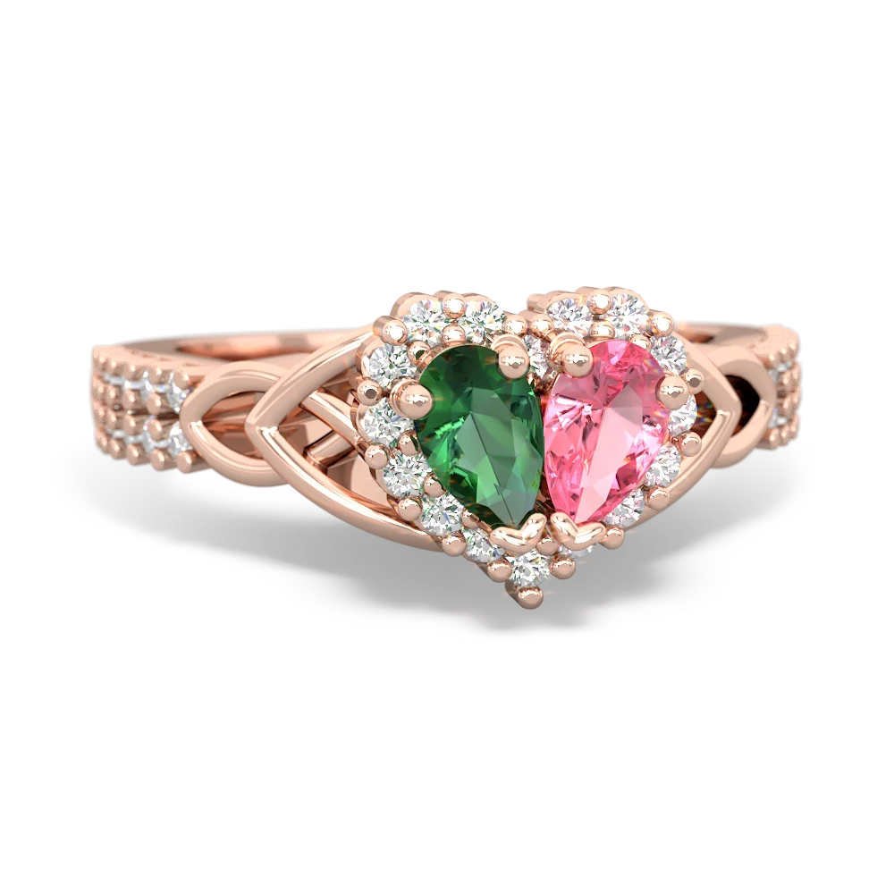 Lab Emerald Celtic Knot Two Hearts As One 14K Rose Gold ring R2644HRT