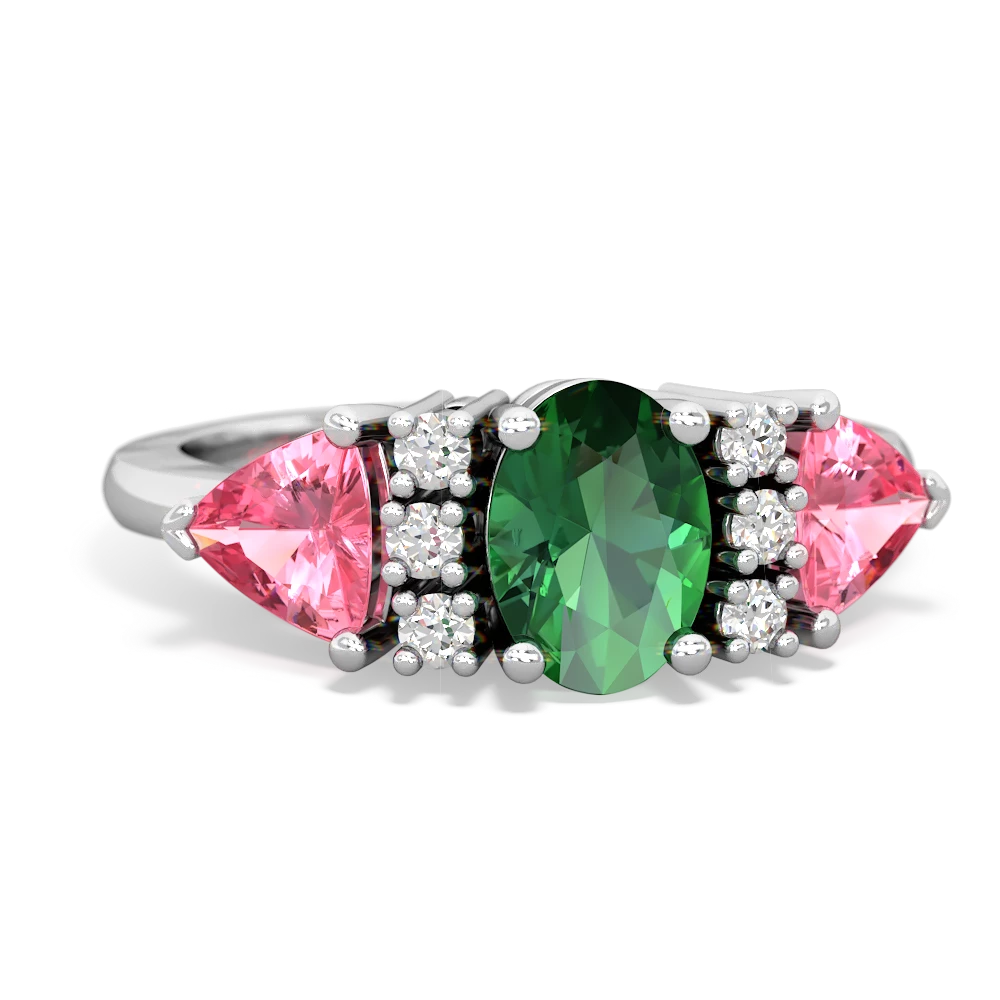 Lab Emerald Antique Style Three Stone 14K White Gold ring R2186