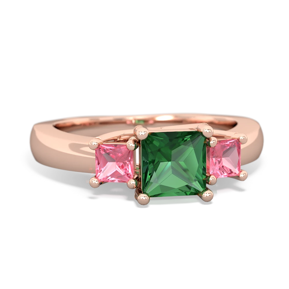 Lab Emerald Three Stone Trellis 14K Rose Gold ring R4015