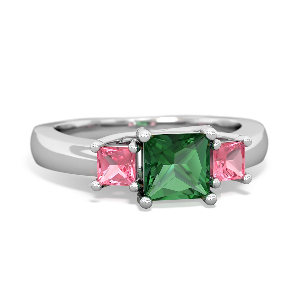 Lab Emerald Three Stone Trellis 14K White Gold ring R4015