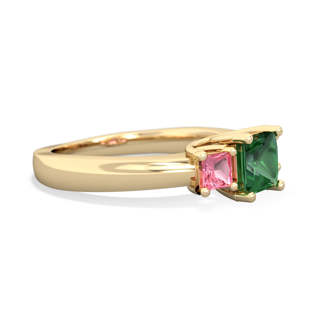 Lab Emerald Three Stone Trellis 14K Yellow Gold ring R4015