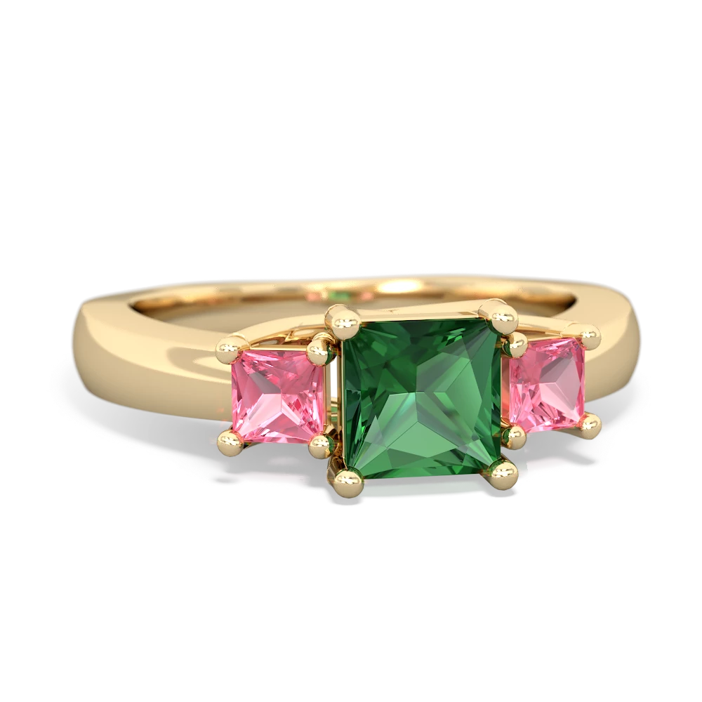 Lab Emerald Three Stone Trellis 14K Yellow Gold ring R4015