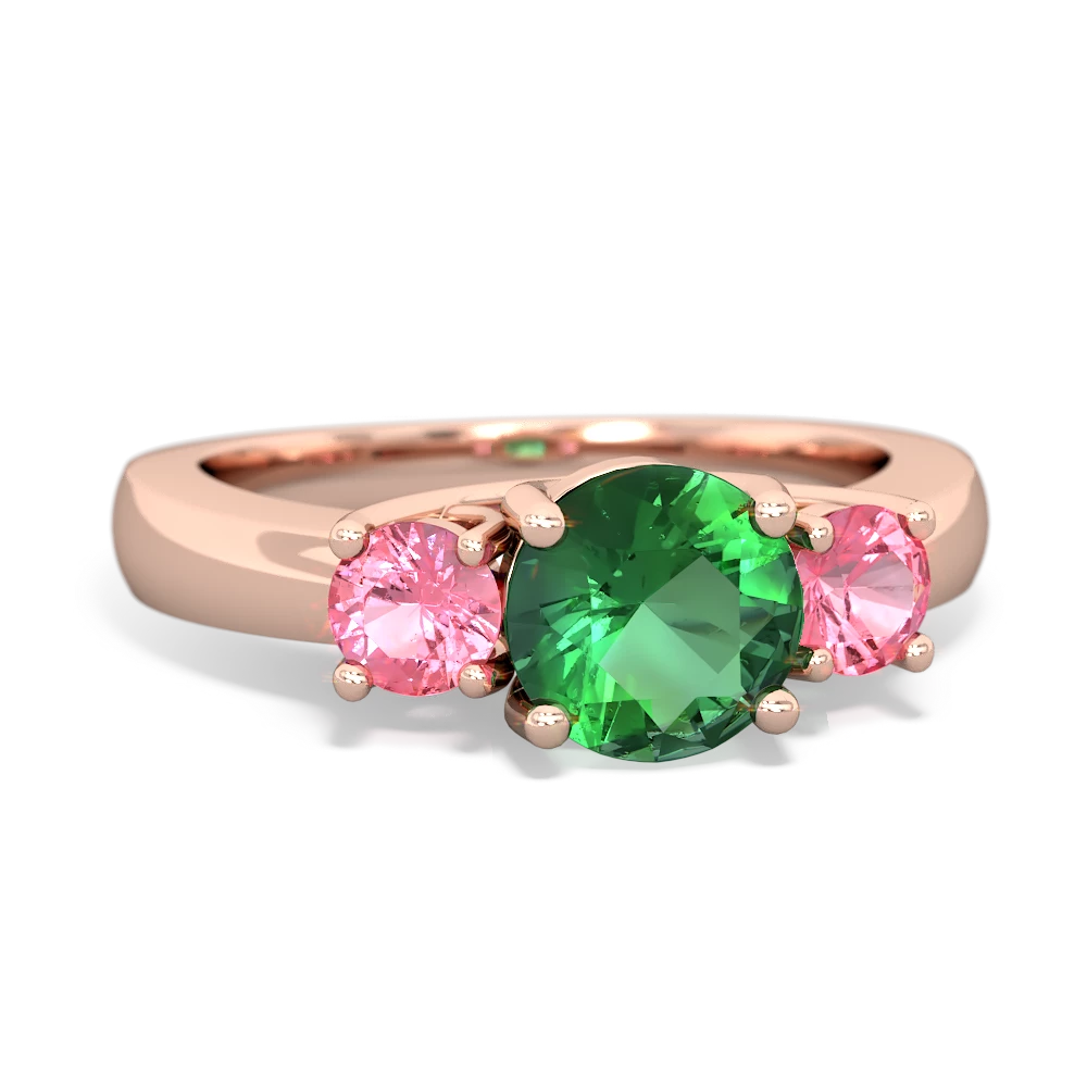 Lab Emerald Three Stone Round Trellis 14K Rose Gold ring R4018