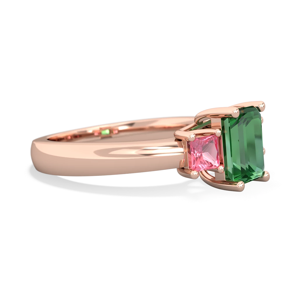 Lab Emerald Three Stone Emerald-Cut Trellis 14K Rose Gold ring R4021