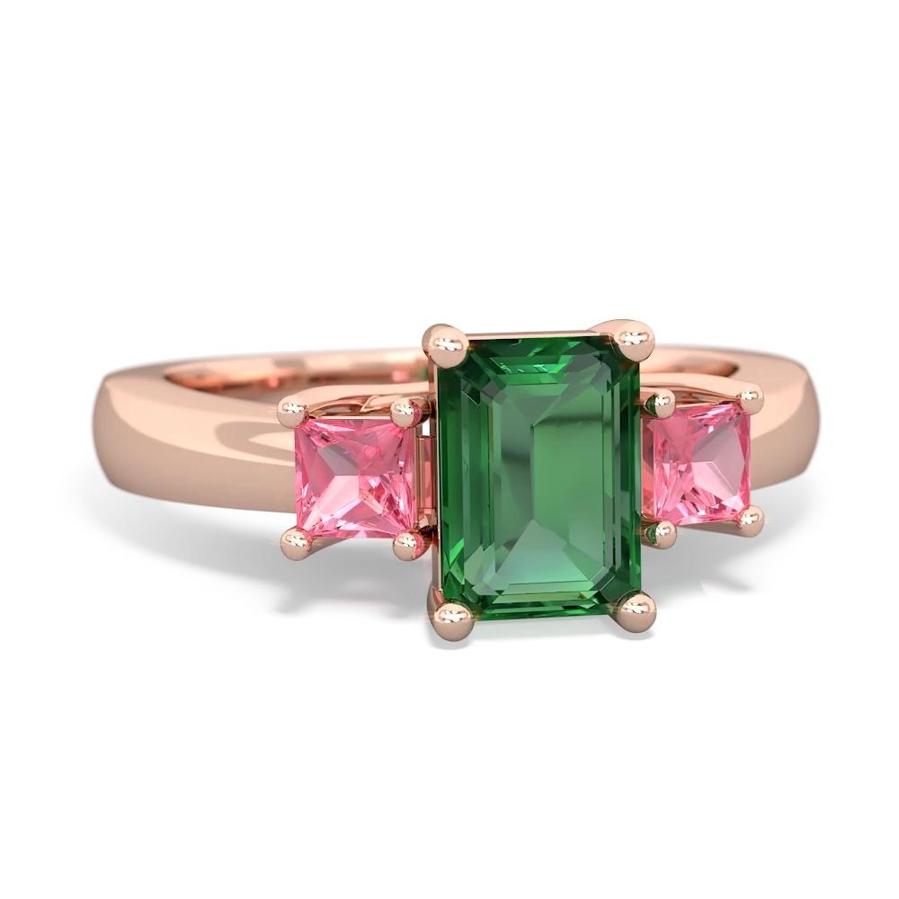 Lab Emerald Three Stone Emerald-Cut Trellis 14K Rose Gold ring R4021