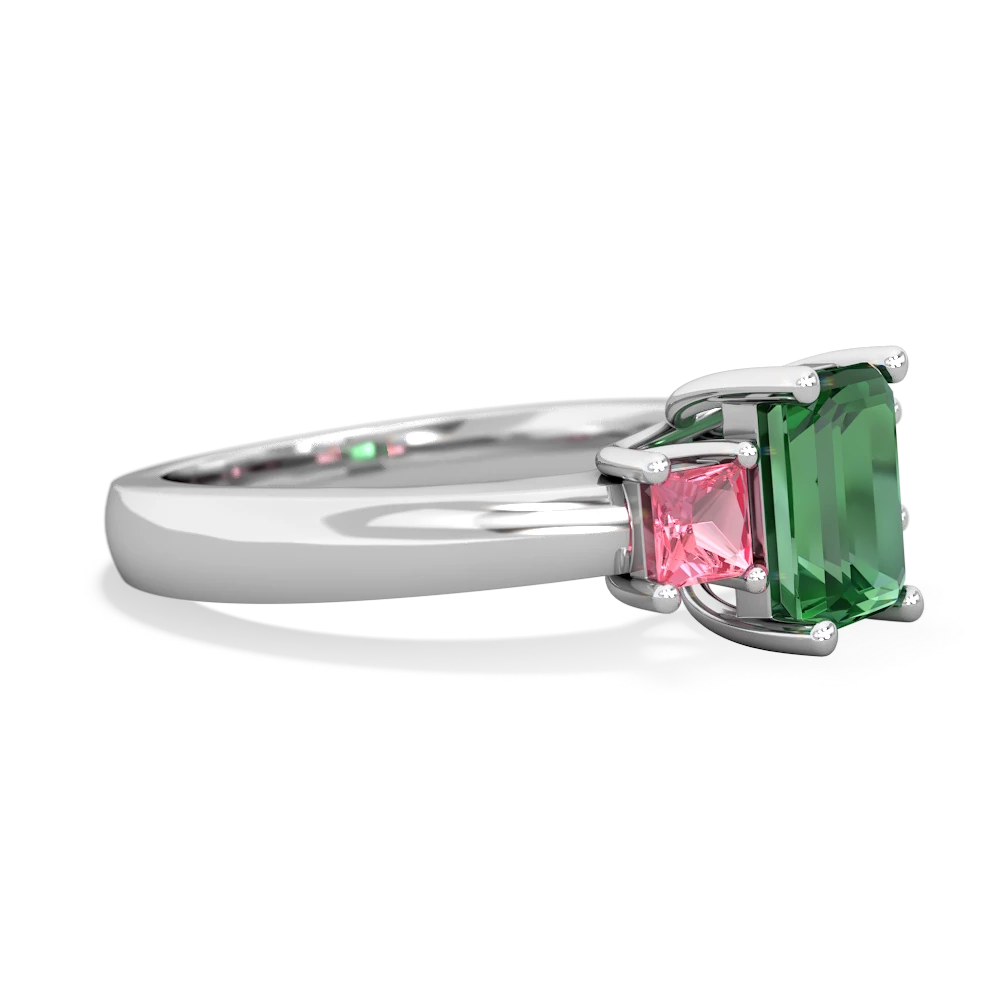 Lab Emerald Three Stone Emerald-Cut Trellis 14K White Gold ring R4021