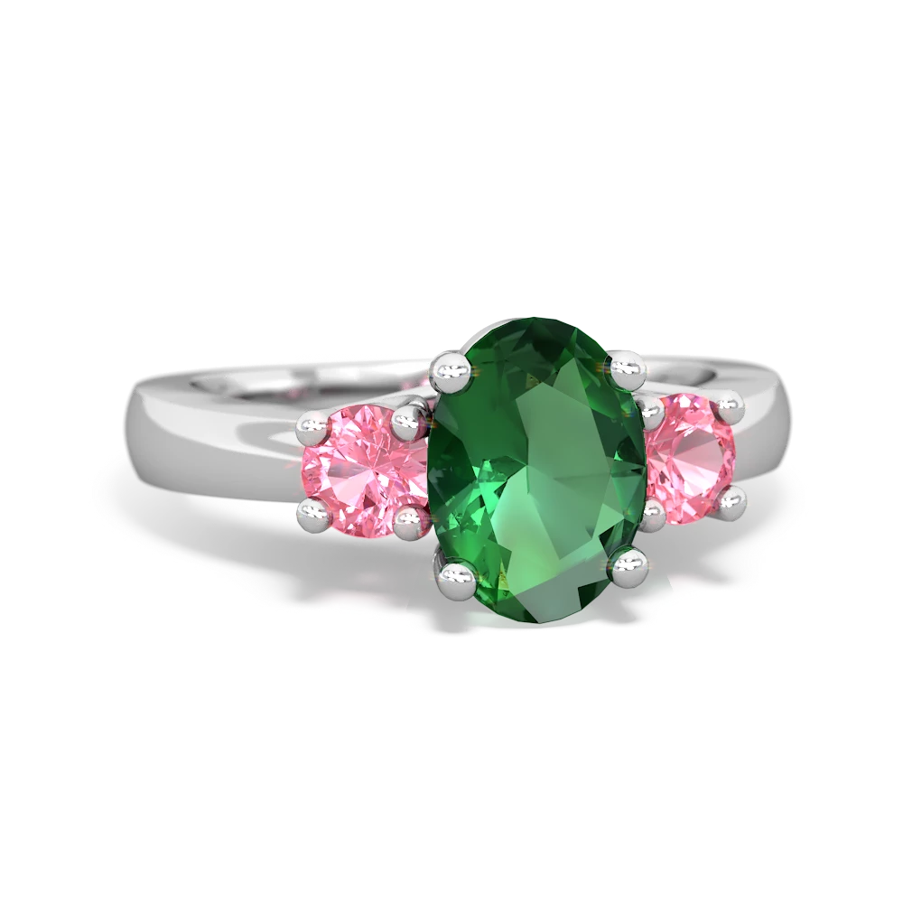 Lab Emerald Three Stone Oval Trellis 14K White Gold ring R4024