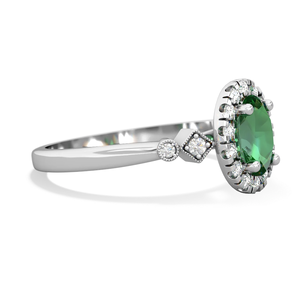 Lab Emerald Antique-Style Halo 14K White Gold ring R5720