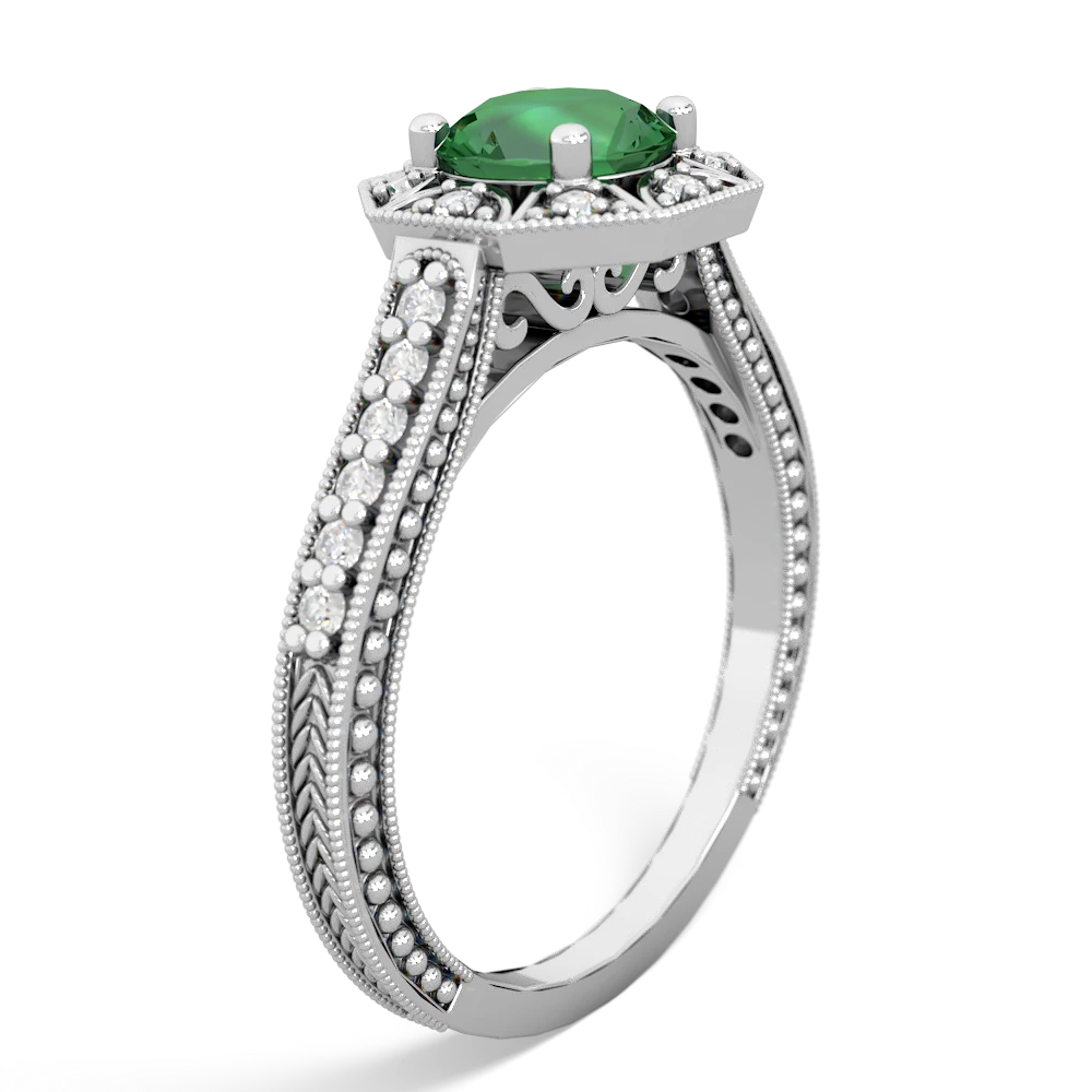 Lab Emerald Art-Deco Starburst 14K White Gold ring R5520