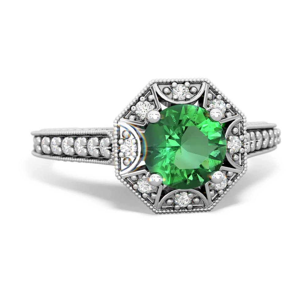 Lab Emerald Art-Deco Starburst 14K White Gold ring R5520