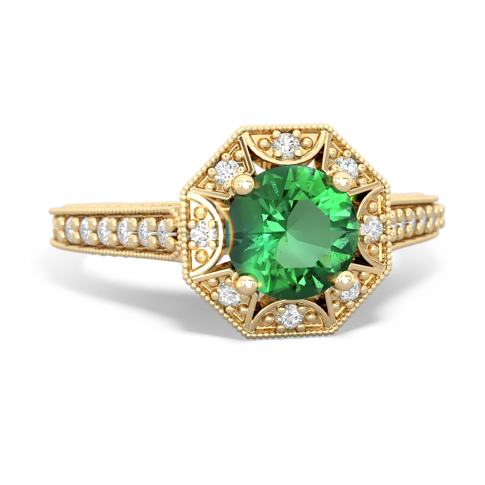 Lab Emerald Art-Deco Starburst 14K Yellow Gold ring R5520