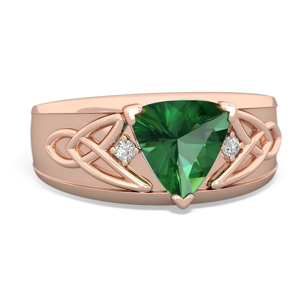 Lab Emerald Celtic Trinity Knot Men's 14K Rose Gold ring R0440